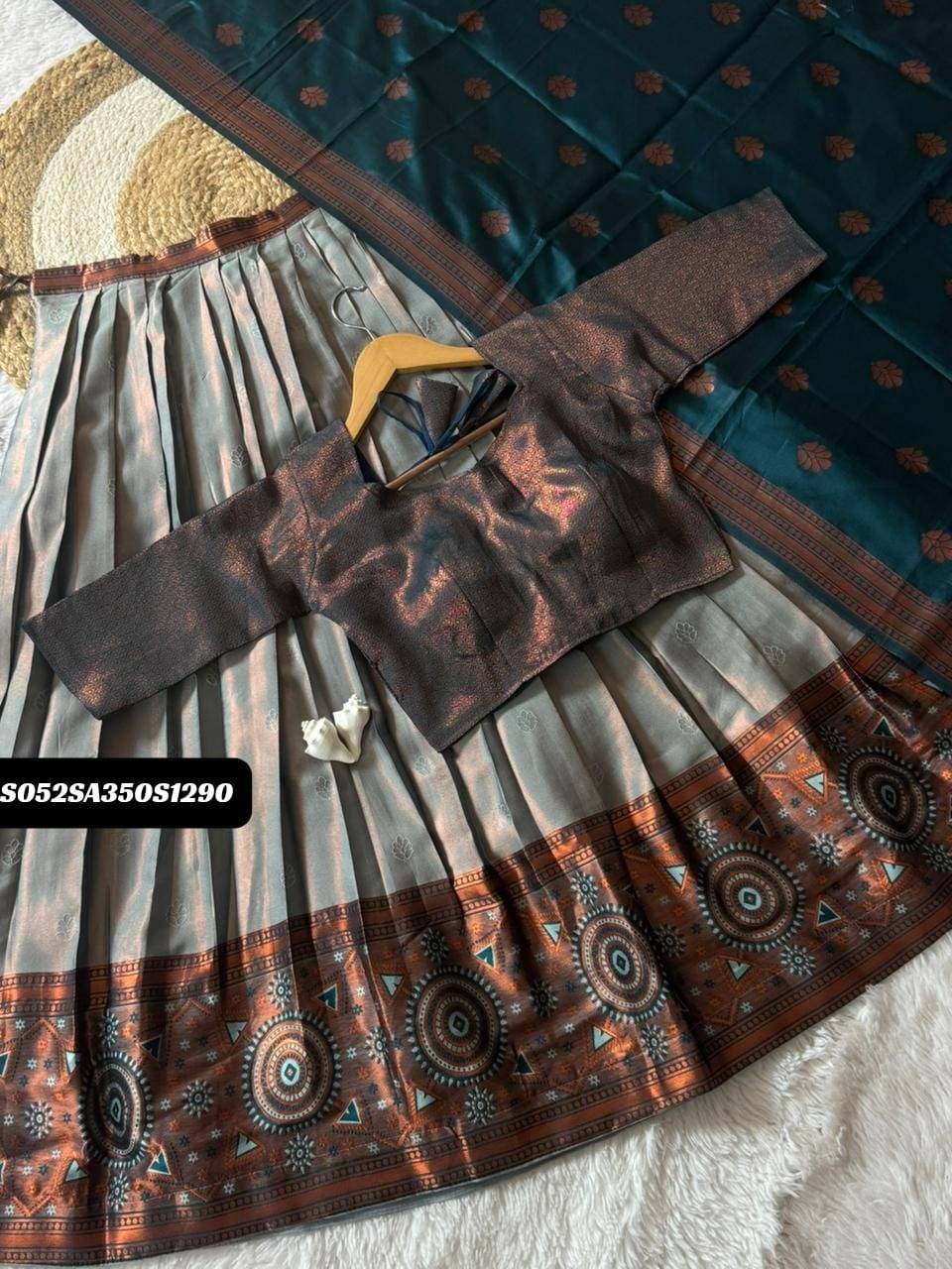 Peacock Blue Pongal Kanjivaram Pure Zari Half Saree Lehenga Set